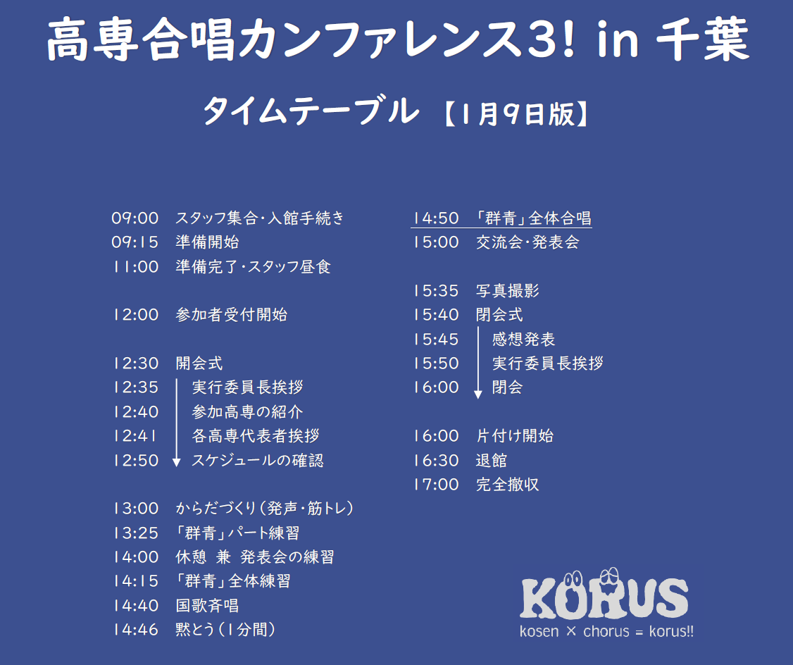 高専合唱カンファレンス３! in 千葉 タイムテーブル（0109版）